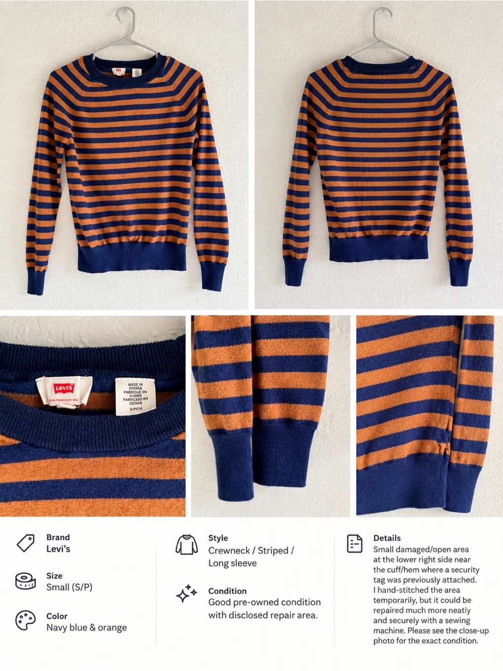 Levi’s Women’s Striped Crewneck Sweater Navy Orange Size Small S